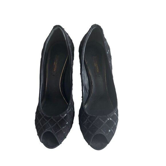 LOUIS VUITTON Black Sequin Patterned Platform Heels Size 37 / US 7 - Picture 2 of 12